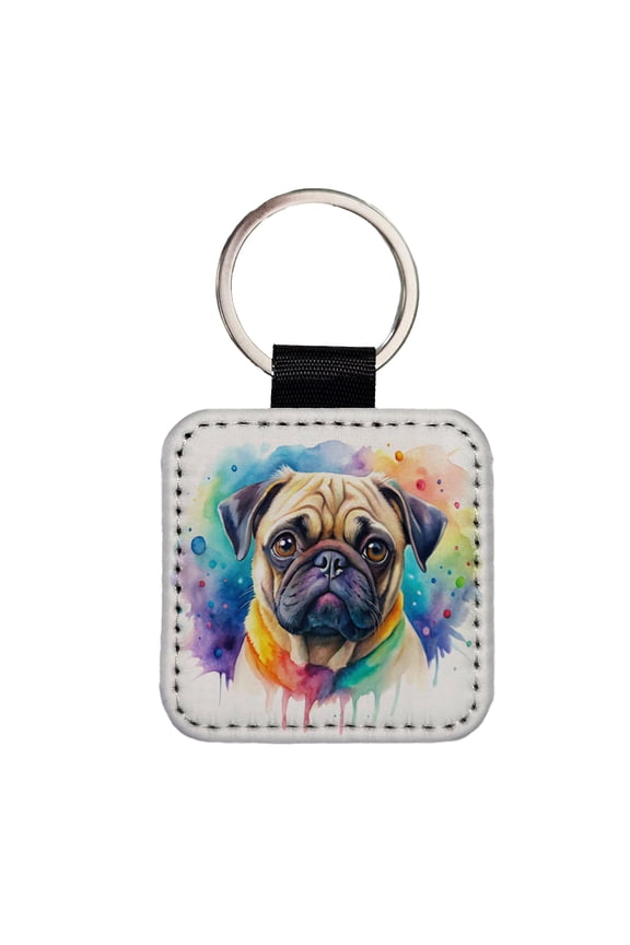 Pug Dog Watercolor Style Faux Leather Square Keychain
