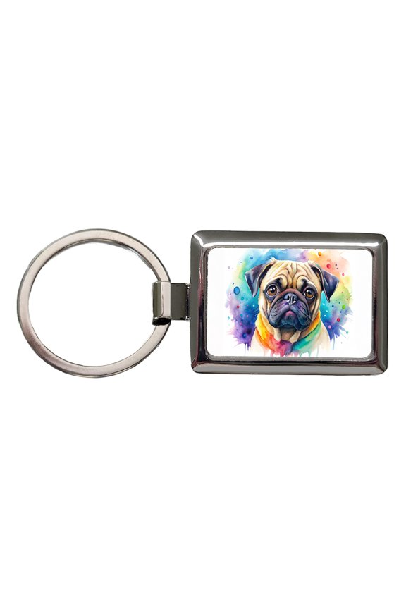 Pug Dog Watercolor Style Metal Rectangle Keychain