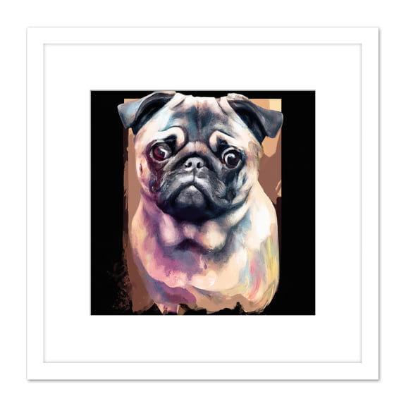Pug Dog Watercolour Portrait Painting Pet Square Wooden Framed Wall Art Print Picture 8X8 Inch