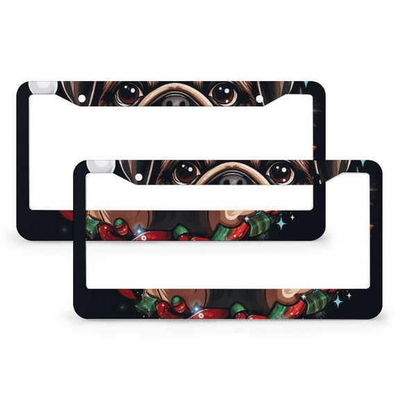 Pug Dog Wearing A Santa License Plate Cover 2 Pack Lovely Pet Auto Car Accessories Tag for Women 2 Round Holes Metal License Plate Frames