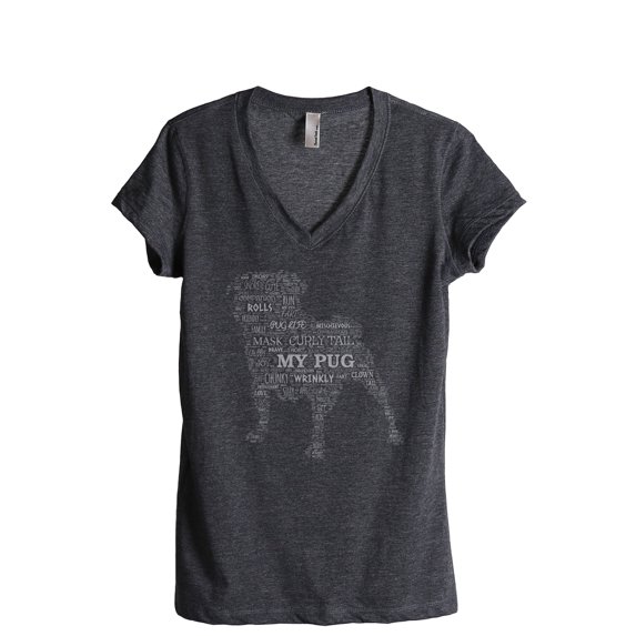 Pug Dog Word Cloud Women's Fashion Relaxed V-Neck T-Shirt Tee Charcoal Grey Large