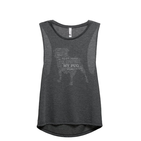 Pug Dog Word Cloud Women's Fashion Sleeveless Muscle Workout Yoga Tank Top Charcoal Grey Small