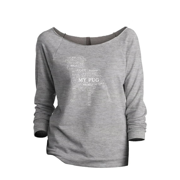 Pug Dog Word Cloud Women's Fashion Slouchy 3/4 Sleeves Raglan Lightweight Sweatshirt Sport Grey Medium