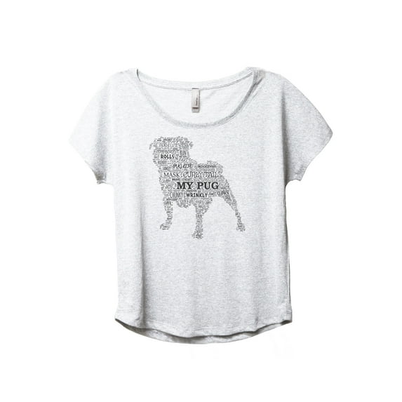 Pug Dog Word Cloud Women's Fashion Slouchy Dolman T-Shirt Tee Heather White X-Large