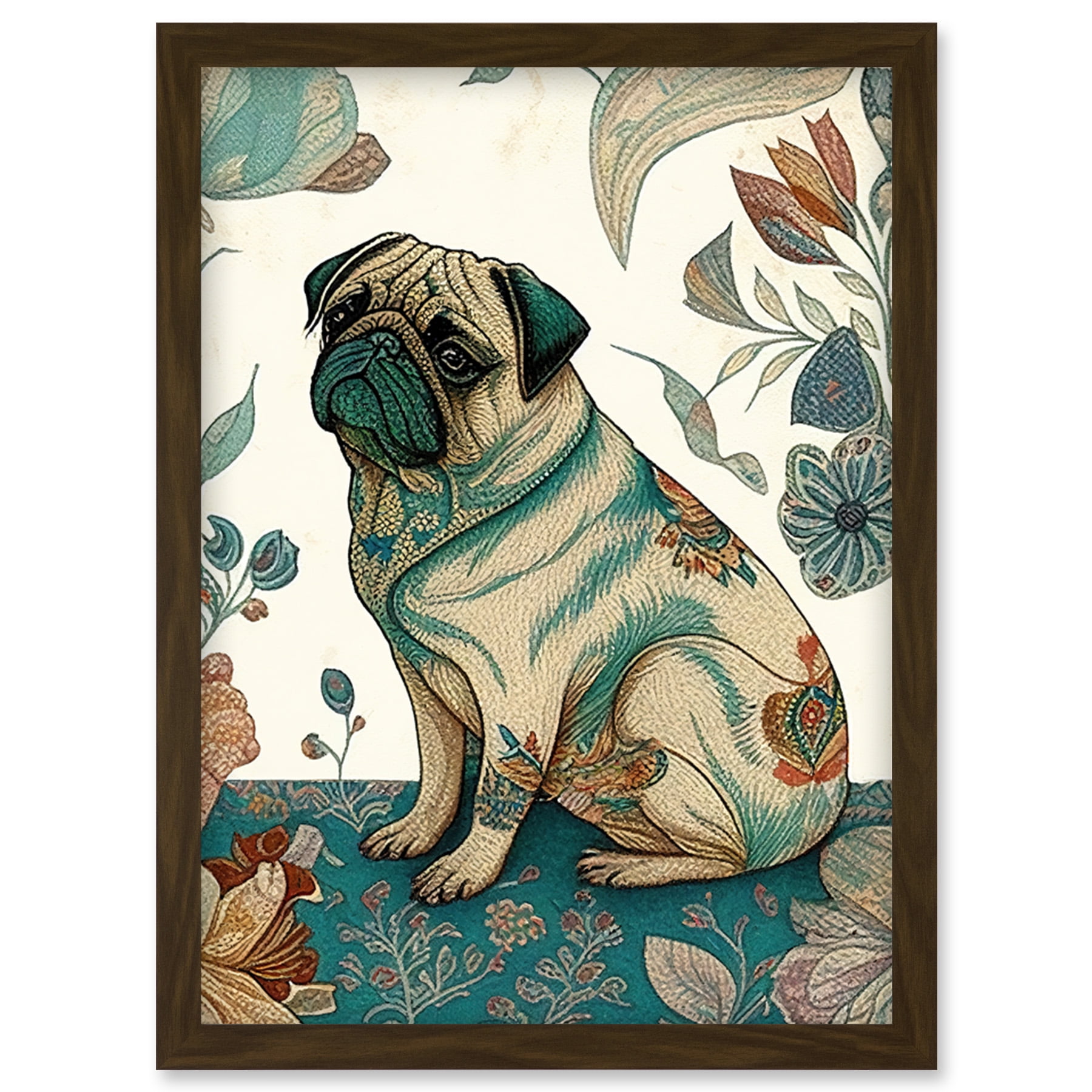 Pug Dog with Floral Patterns Vintage Inspired Multicoloured Linocut ...