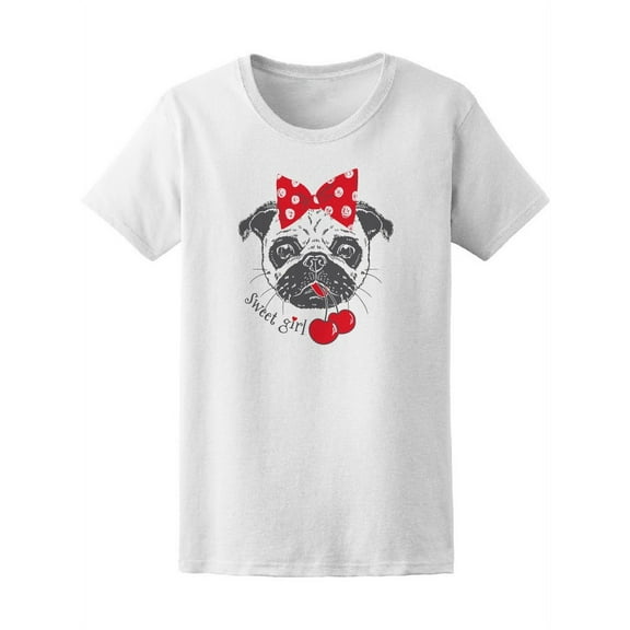 Pug Doggy Girl With Cherries Bow T-Shirt Women -Image by Shutterstock, Female Small