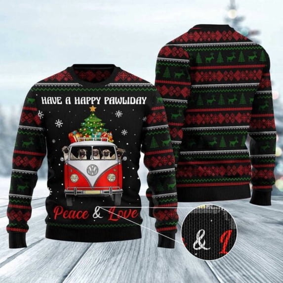 Pug Dogs Carrying Gift Christmas On The Red Car 3D Christmas Sweater, Dog 3D Christmas Sweater, 3D Dog Sweaters