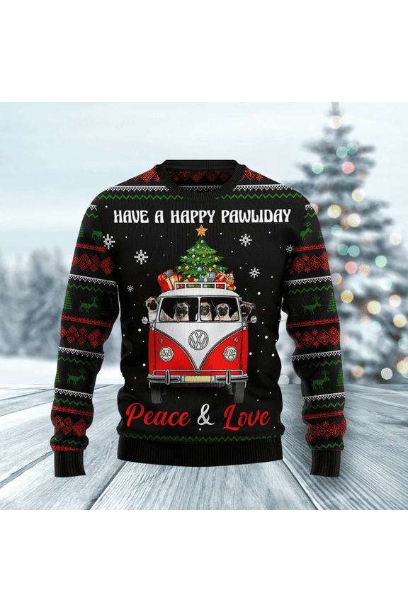 Pug Dogs Carrying Gift Christmas On The Red Car Ugly Christmas Sweater