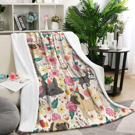 Pug Dogs with Flowers Blanket,Comfortable Soft Flannel Throw Blanket,All Season,Warm Lightweight Blankets for Sofa Bed Couch Living Room Chair,40"x50"(100x130cm)