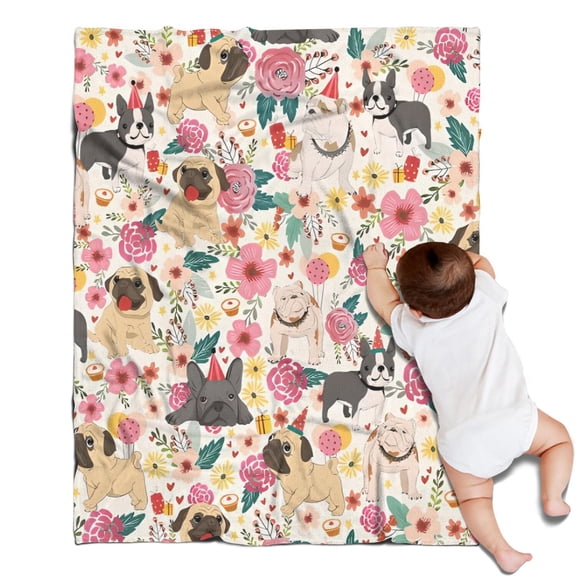 Pug Dogs with Pioneer Flower Blanket,Comfortable Soft Lamb Wool Throw Blanket,All Season,Warm Lightweight Blankets for Sofa Bed Couch Living Room Chair,30"x40"