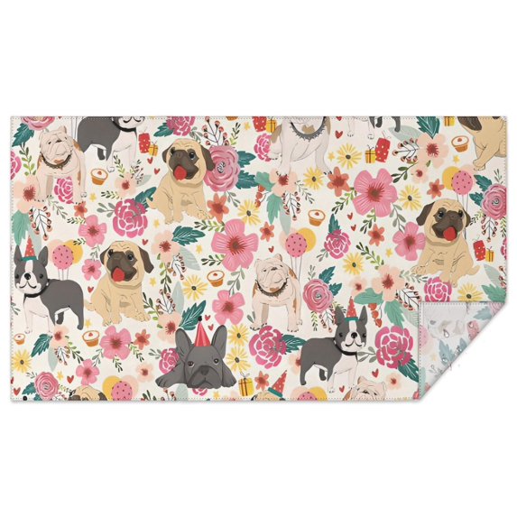 Pug Dogs with Pioneer Flower Rectangle Tablecloth 60"x102",Waterproof Polyester Rectangle Table Cloth, Wipeable Spillproof Polyester Tablecloth for Dining, Camping, Indoor and Outdoor