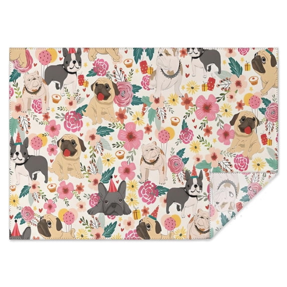 Pug Dogs with Pioneer Flower Rectangle Tablecloth 60"x84",Waterproof Polyester Rectangle Table Cloth, Wipeable Spillproof Polyester Tablecloth for Dining, Camping, Indoor and Outdoor