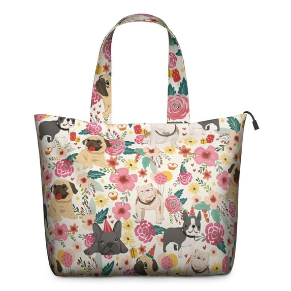 Pug Dogs with Pioneer Flower Travel Tote Bags for Women Carry On,Large Weekender Bags for Women Travel,Multi Functional Duffle Bag for Work,Shopping,Sports