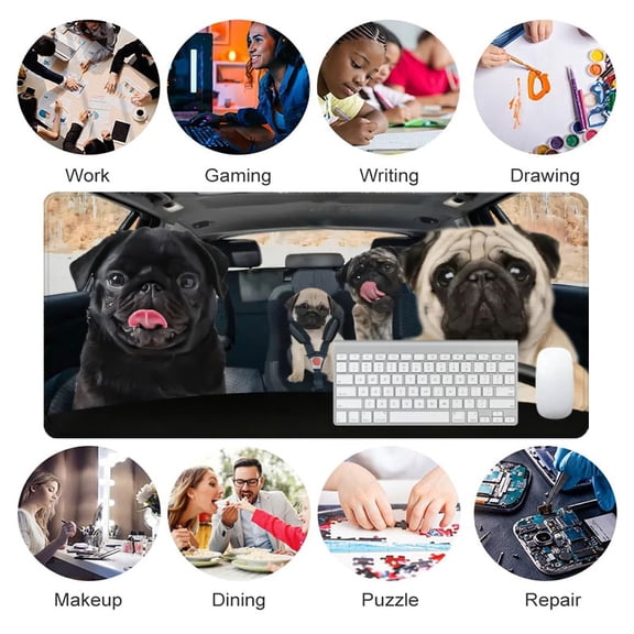 Pug Dogs in Car Mouse Pad 31.5 x 11.82 inches Rubber Desk Accessory for Office and Gaming