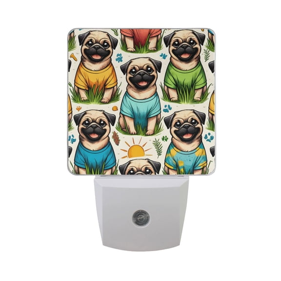 Pug Dogs on Grass Night Light 2 Pack LED Nightlight Plug into Wall Dusk to Dawn Sensor Soft White