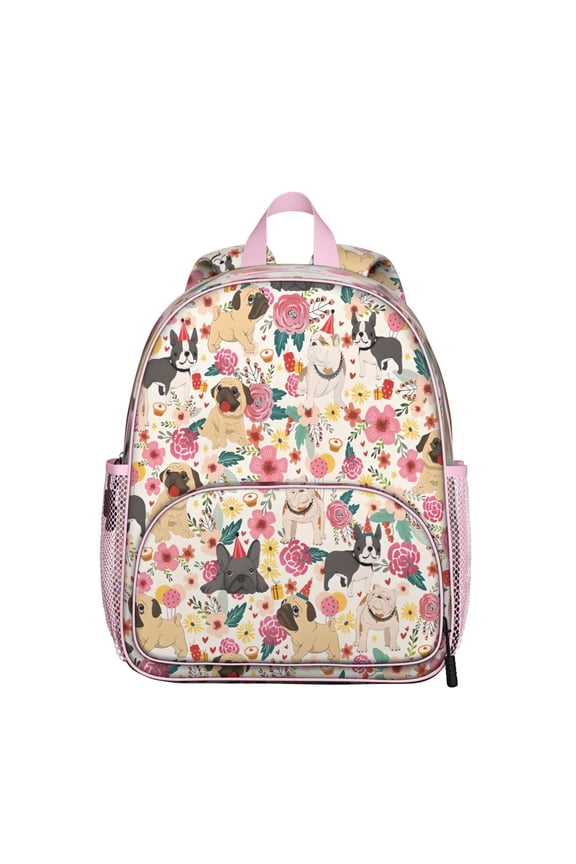 Pug Dogs with Flowers Backpack Backpack for School,Cute School Bag,Schoolbag with Adjustable Shoulder Straps & Padded Back,13.8"x11.4"x6"