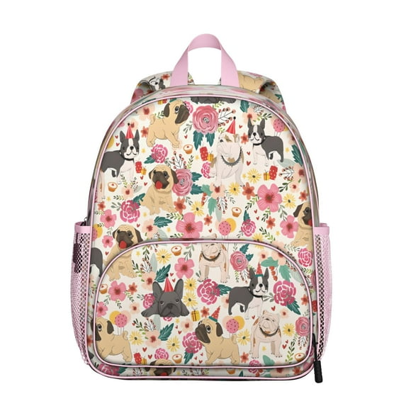 Pug Dogs with Flowers Backpack Backpack for School,Cute School Bag,Schoolbag with Adjustable Shoulder Straps & Padded Back,13.8"x11.4"x6"
