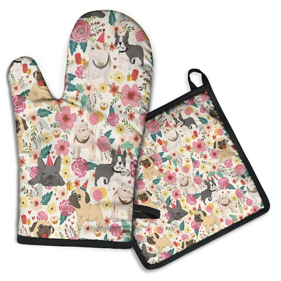 Pug Dogs with Flowers Kitchen Oven Mitt and Pot Holder Sets 2 Pcs for Baking, Cooking and Grilling, Heat Resistant Up To 392 °F
