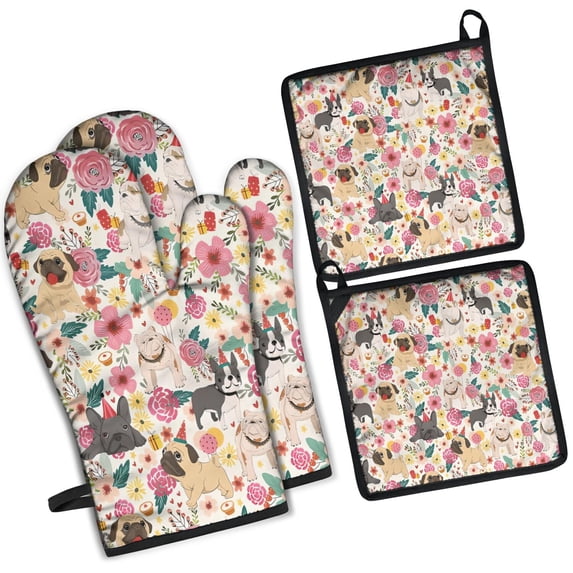 Pug Dogs with Flowers Kitchen Oven Mitt and Pot Holder Sets 4 Pcs for Baking, Cooking and Grilling, Heat Resistant Up To 392 °F