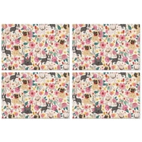 Pug Dogs with Pioneer Flower Summer Placemats Table Placemats Set Of 4-Linen Kitchen Washable Placemats Table Mats 11.8"x17.7"Non-Slip Heat Resistant