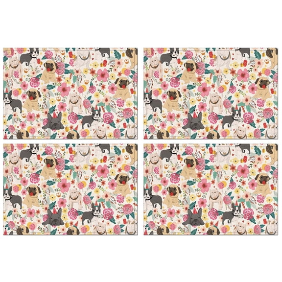 Pug Dogs with Pioneer Flower Summer Placemats Table Placemats Set Of 4-Linen Kitchen Washable Placemats Table Mats 11.8"x17.7"Non-Slip Heat Resistant