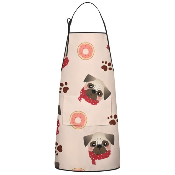 Pug and Donut Apron-Garden Aprons for Women with Pockets-Cotton Linen Waterproof Kitchen Cooking Gardening Aprons Adjustable for Kitchen,Cooking,BBQ and Salon 33x27 Inch