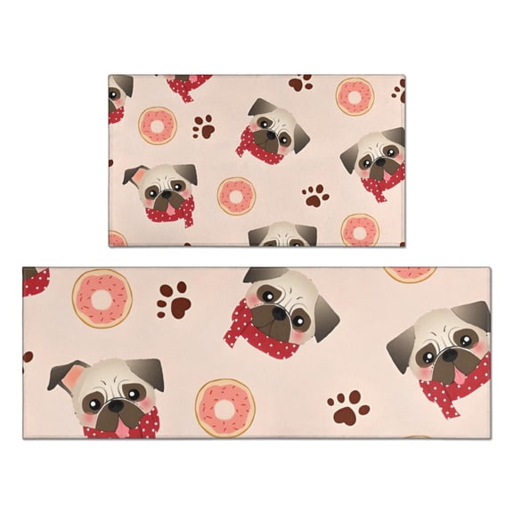 Pug and Donut Kitchen Rugs Sets Of 2,Anti Fatigue Kitchen Mat Rugs Non Slip Washable,Decorative Kitchen Floor Mats for Kitchen,Sink,Laundry,17"x30"+17"x47"