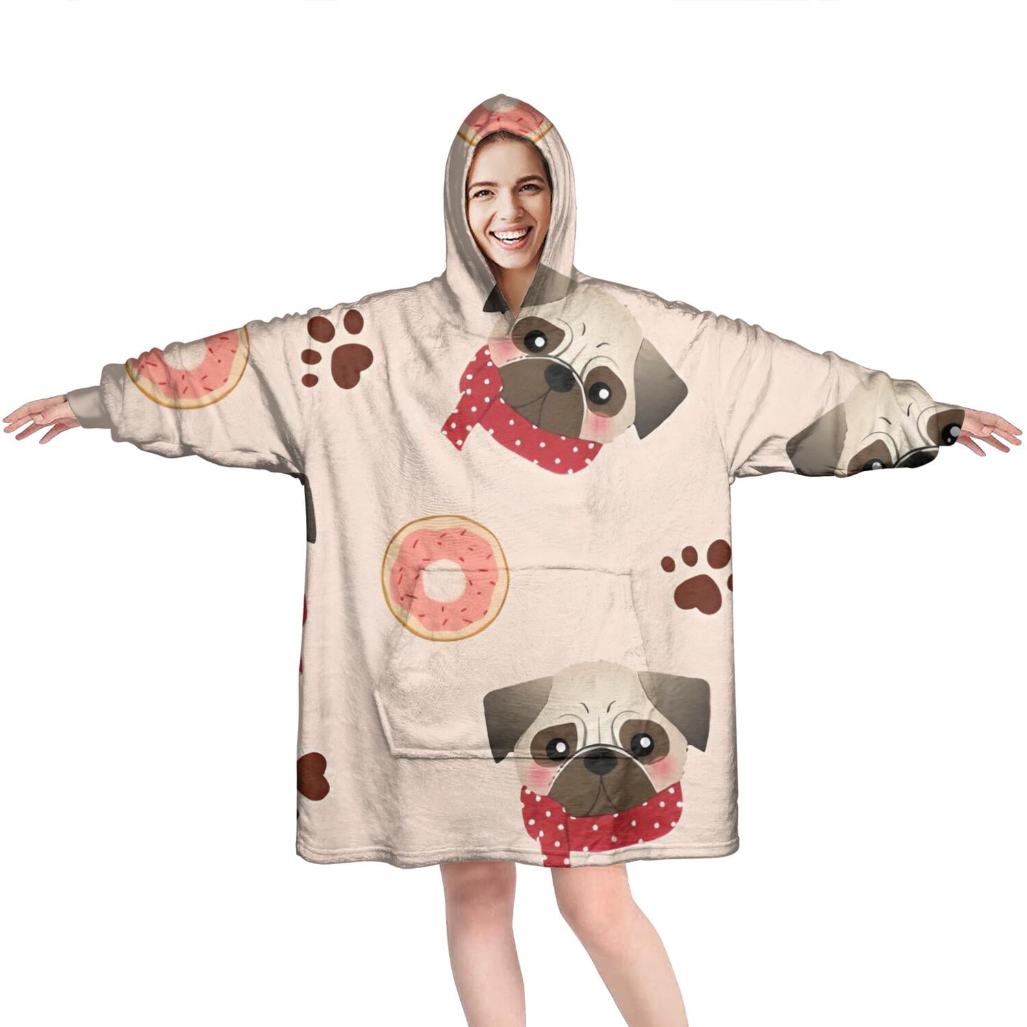 Pug and Donut Wearable Oversized Blanket,Wearable Blanket Hoodie for Adults,Cozy Hooded Blankets with Super Pockets,Super Warm Fuzzy Pullover for Women & Men