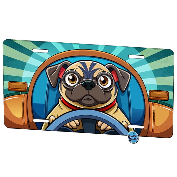 Pug Driving Metal Novelty License Plate