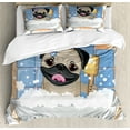 thumbnail image 1 of Pug Duvet Cover Set, Caricature of a Dog Having Bath Bubbles Colorful Flower Funny Animal, Decorative 3 Piece Bedding Set with 2 Pillow Shams, Queen Size, Pale Brown Pale Blue, by Ambesonne, 1 of 3