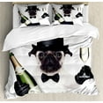 thumbnail image 1 of Pug Duvet Cover Set, Celebration Dog with Champagne Bottle While Toasting Happy Moments Photographs, Decorative 3 Piece Bedding Set with 2 Pillow Shams, Queen Size, Black White Emerald, by Ambesonne, 1 of 3