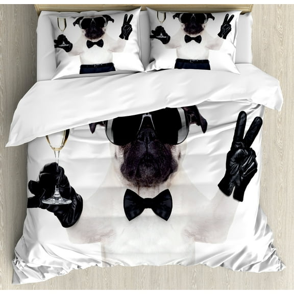 Pug Duvet Cover Set, Pug with Champagne Glass and Peace Sign Cool Looking Dog Celebration Animal, Decorative 3 Piece Bedding Set with 2 Pillow Shams, Queen Size, Black White Cream, by Ambesonne