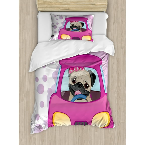 Pug Duvet Cover Set, Dog Driving on the Pink Car Girly Design Happy Moments and Love Animals Print, Decorative 2 Piece Bedding Set with 1 Pillow Shams, Twin Size, Pink Yellow, by Ambesonne