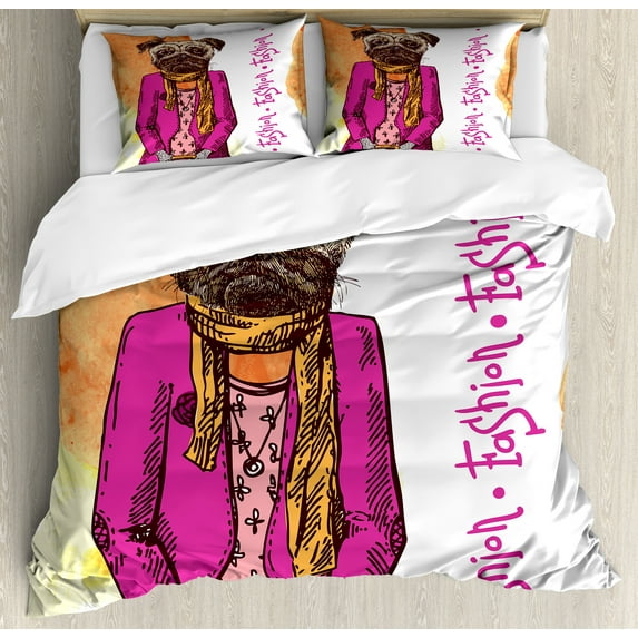 Pug Duvet Cover Set, Fashion Dog with Cool Clothes Scarf Necklace Jacket Handbag Tainted Background, Decorative 3 Piece Bedding Set with 2 Pillow Shams, King Size, Hot Pink Amber, by Ambesonne