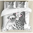 thumbnail image 1 of Pug Duvet Cover Set, Girl Holding Her Pug Sad Looking Animal Affection Between a Pet and Owner Image, Decorative 3 Piece Bedding Set with 2 Pillow Shams, Queen Size, Black Grey White, by Ambesonne, 1 of 3