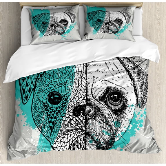 Pug Duvet Cover Set, Hand Drawn Head of a Dog Blue Splashed Backdrop 2 Different Halves of a Whole, Decorative 3 Piece Bedding Set with 2 Pillow Shams, King Size, Blue Black White, by Ambesonne