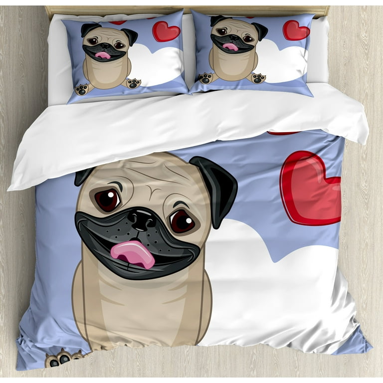Pug Duvet Cover Set, Happy Dog Licking Its Lips with Red and Big