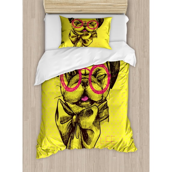 Pug Duvet Cover Set, Intellectual Dog with Glassesd a Wink Life is Inscribed on the Background, Decorative 2 Piece Bedding Set with 1 Pillow Shams, Twin Size, Yellow Pink, by Ambesonne