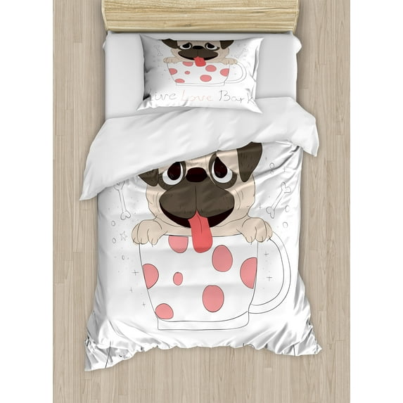 Pug Duvet Cover Set, Live Love Bark Words with a Puppy in a Tea Cup Happiness Funny Image, Decorative 2 Piece Bedding Set with 1 Pillow Shams, Twin Size, Pink Black Pale Pink, by Ambesonne