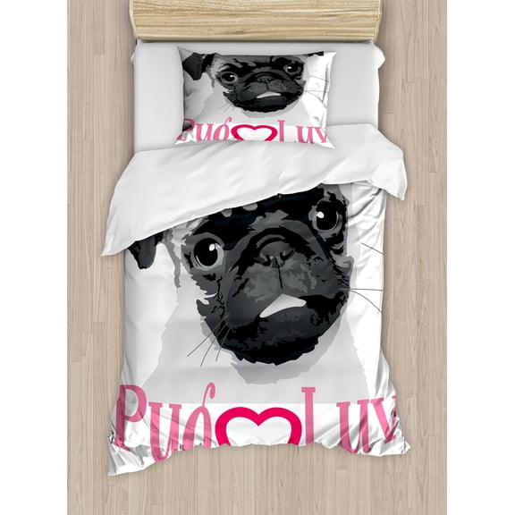 Pug Duvet Cover Set, Pug Love Image Grey Toned Drawing of a Dog Pet Animal Fun Bonding Print, Decorative 2 Piece Bedding Set with 1 Pillow Shams, Twin Size, Dark Grey Pink Grey, by Ambesonne