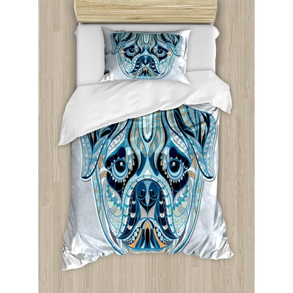 Pug Duvet Cover Set, Patterned Head of a Dog Various Geometrical Shapes Forming a Picture, Decorative 2 Piece Bedding Set with 1 Pillow Shams, Twin Size, Blue Pale Blue, by Ambesonne