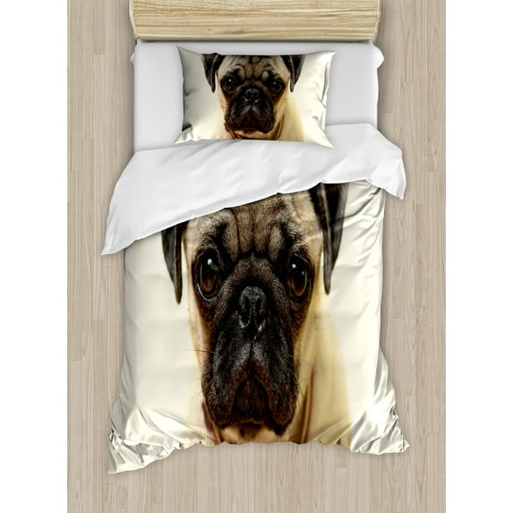 Pug Duvet Cover Set, Photograph of a Pug Pure Bred Puppy with a Loose Collar Dog Pets Animal, Decorative 2 Piece Bedding Set with 1 Pillow Shams, Twin Size, Pale Brown Black, by Ambesonne