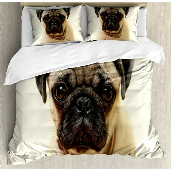 Pug Duvet Cover Set, Photograph of a Pug Pure Bred Puppy with a Loose Collar Dog Pets Animal, Decorative 3 Piece Bedding Set with 2 Pillow Shams, Calking Size, Pale Brown Black, by Ambesonne