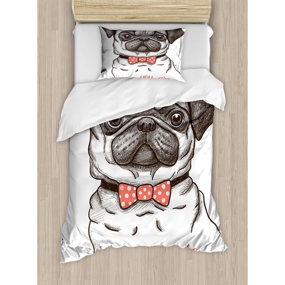 Pug Duvet Cover Set, Portrait of Dog Cartoon Style Bow Tie on a Pug Pet Fun Comedic Image Animal, Decorative 2 Piece Bedding Set with 1 Pillow Shams, Twin Size, Black Red, by Ambesonne