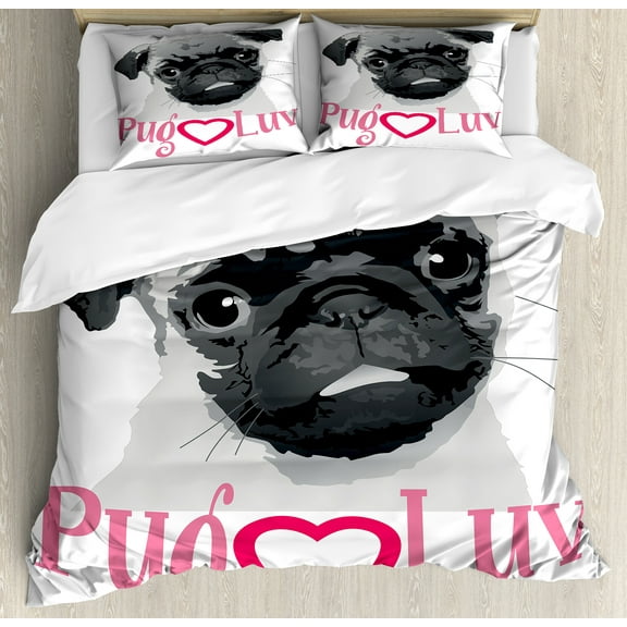 Pug Duvet Cover Set, Pug Love Image Grey Toned Drawing of a Dog Pet Animal Fun Bonding Print, Decorative 3 Piece Bedding Set with 2 Pillow Shams, Calking Size, Dark Grey Pink Grey, by Ambesonne