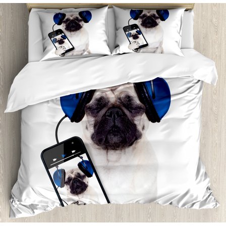 Pug Duvet Cover Set Queen Size, Dog Listening Music on the Smartphone Groovy Cool Headphones Animal Funny Image, Decorative 3 Piece Bedding Set with 2 Pillow Shams, Navy Blue Black, by Ambesonne