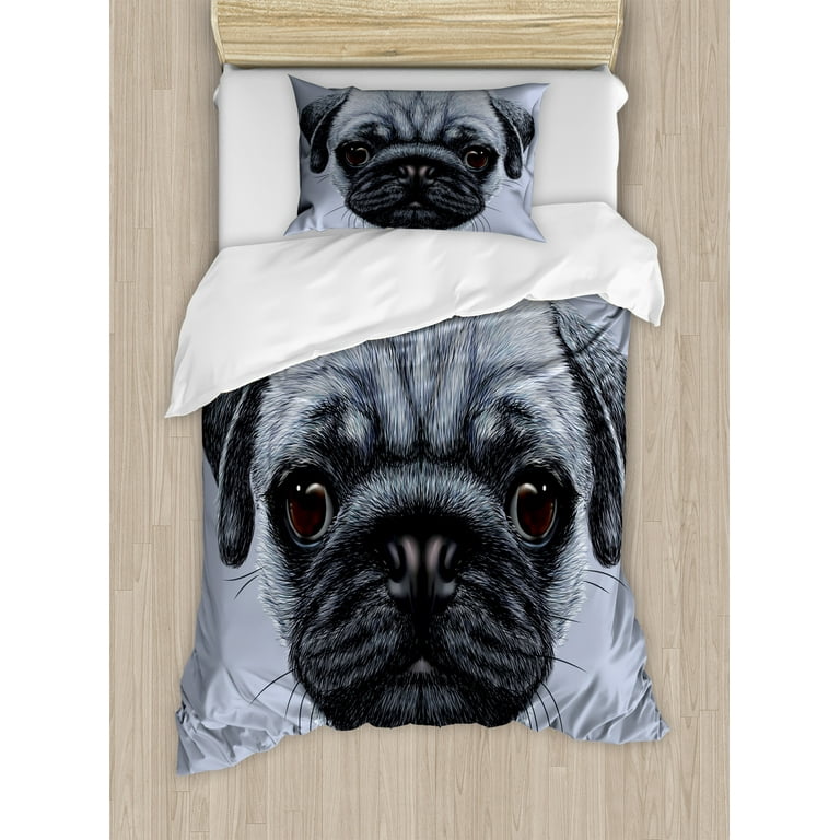 Pug Duvet Cover Set Realistic Style Detailed Young Dog Giant Eyes Pure Breed Pet Blue Backdrop Decorative 2 Piece Bedding Set with 1 Pillow Shams