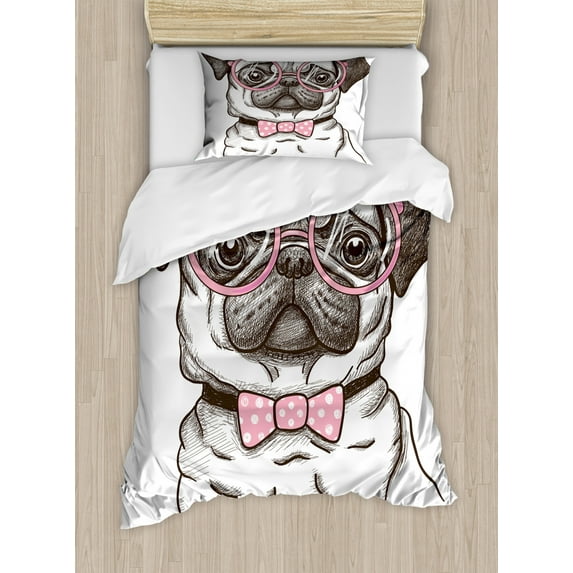 Pug Duvet Cover Set Twin Size, Cute Pet Dog with Pink Bow Tie Oversized Glasses Hand Drawn Domesticated, Decorative 2 Piece Bedding Set with 1 Pillow Sham, Brown Pale Pink White, by Ambesonne