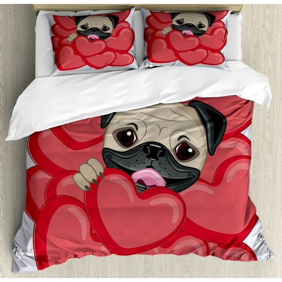 Pug Duvet Cover Set, Valentines Inspired Dog Drawing with Giant Hearts and Pet Hand Drawn, Decorative 3 Piece Bedding Set with 2 Pillow Shams, Calking Size, Red Black Pale Brown, by Ambesonne