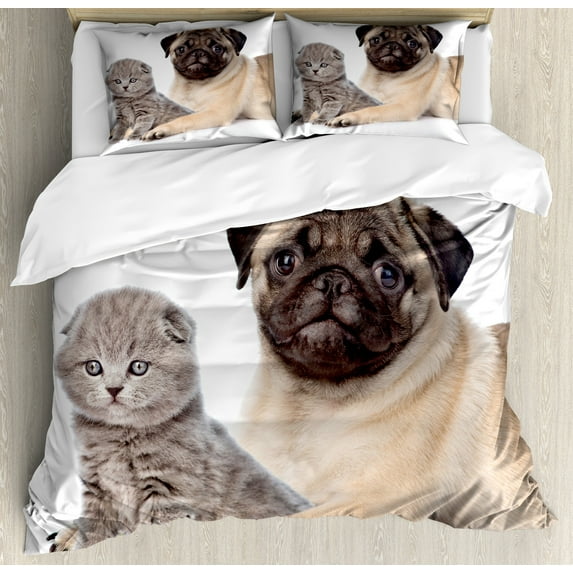 Pug Duvet Cover Set, Young Pets Kitten and Puppy Pug Scottish Fold Animal Fun Photography Print, Decorative 3 Piece Bedding Set with 2 Pillow Shams, King Size, Pale Brown Beige, by Ambesonne